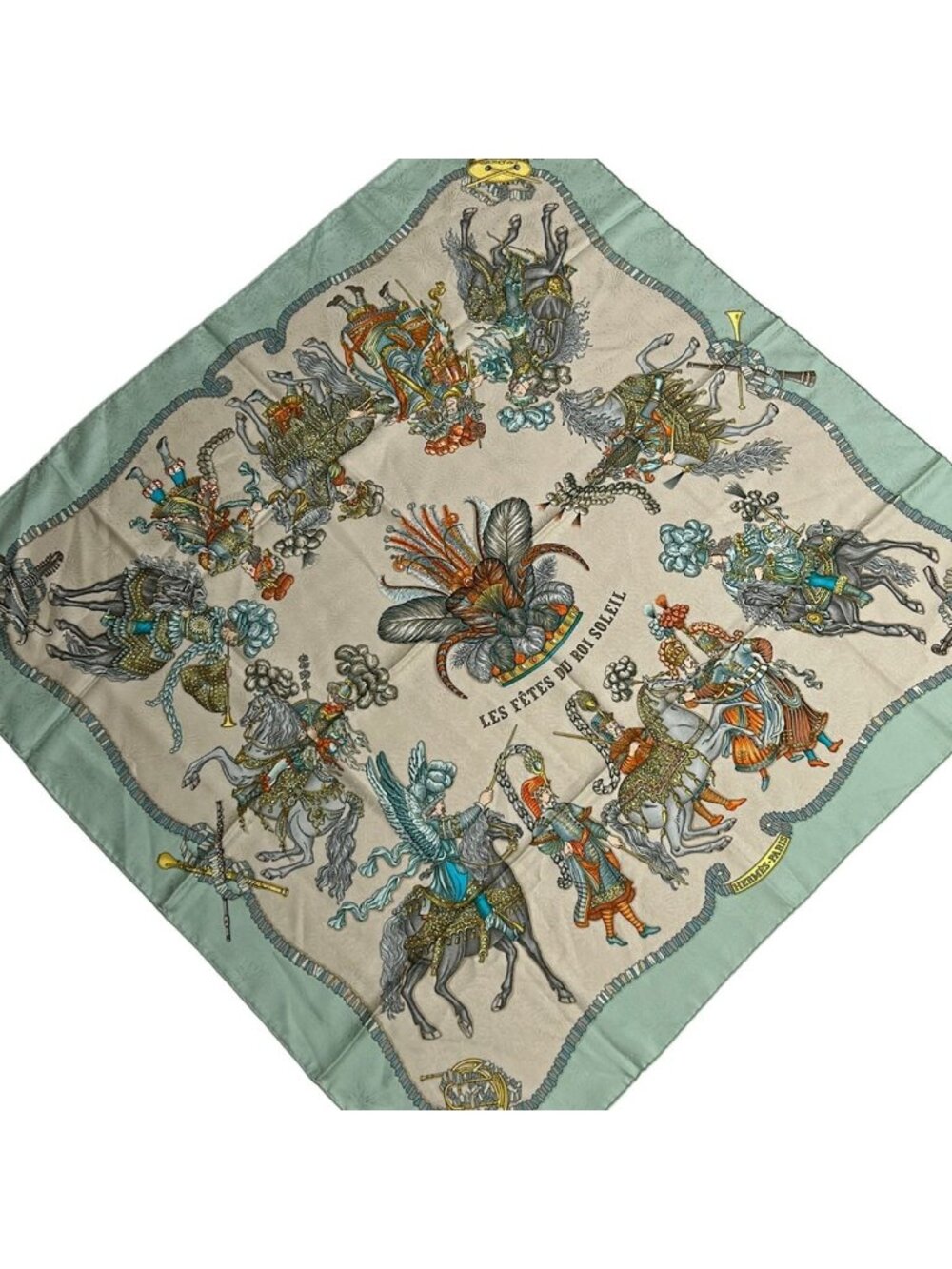 Hermes Scarf Carre 90 Gray Beige Light Blue Multi les Fetes du Roi Soleil